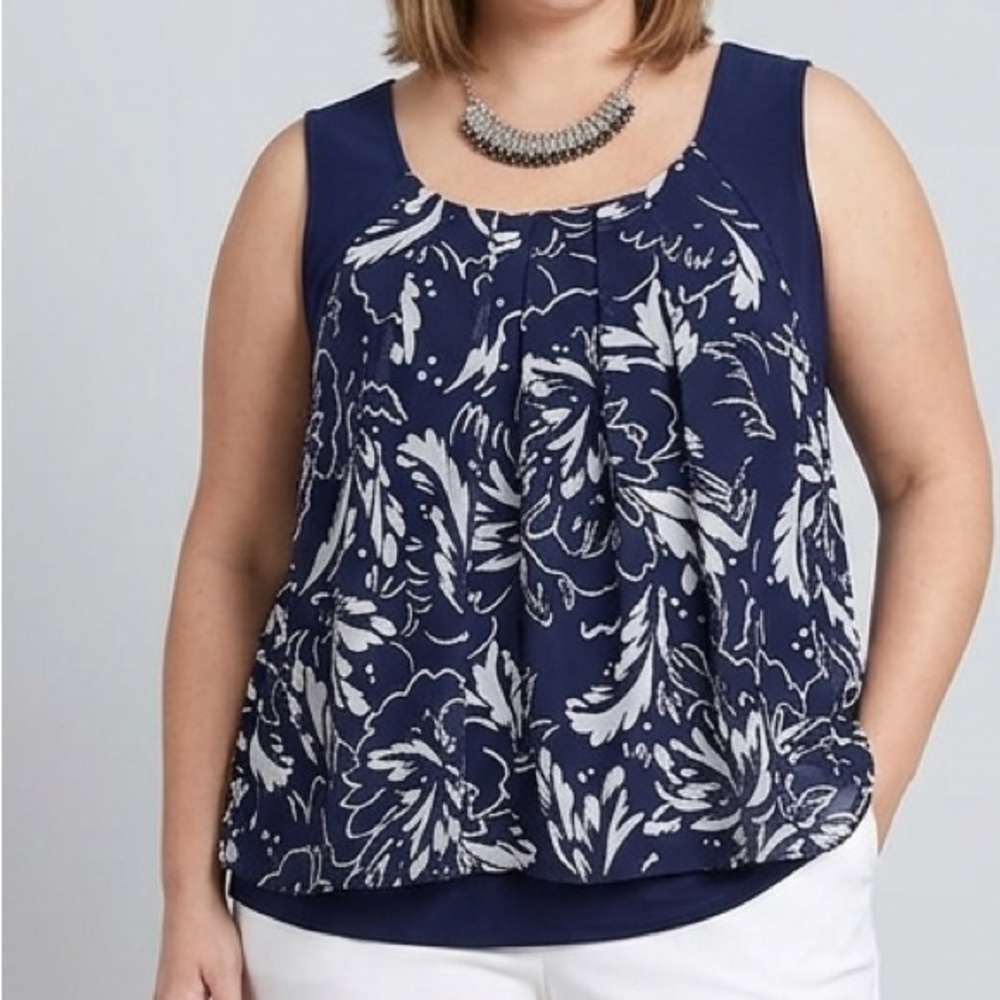 ALFANI Blue and White Navy Blue Tank Attached Floral Overlayer 1X